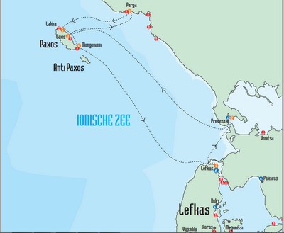 Kaartje van zeilroute Paxos