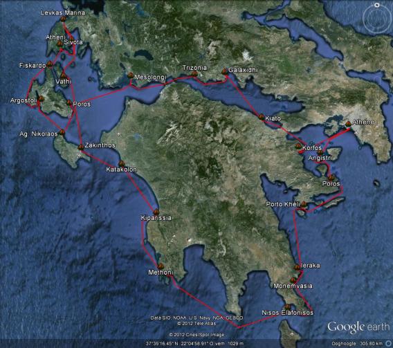 kaart van de flottielje route Peleponessos